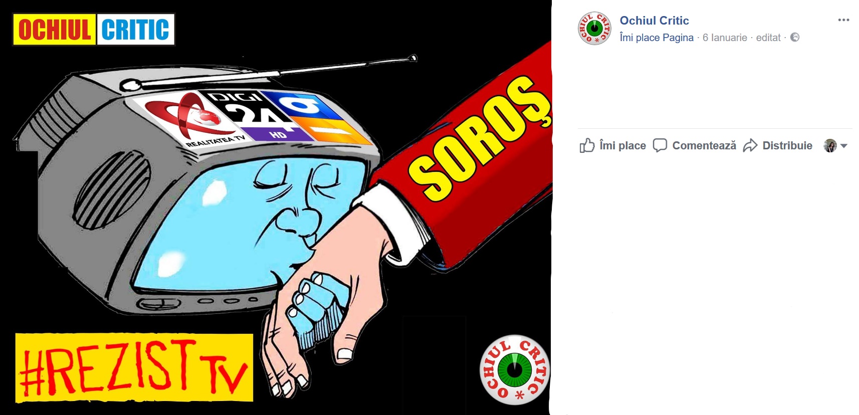 Imaginea prezintă un televizor care sărută mâna miliardarului George Soros