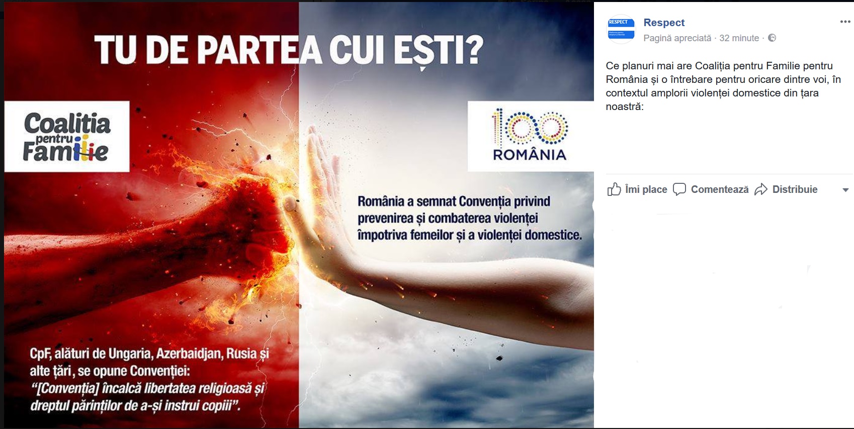 Respect construiește o imagine malefică și extremistă a Coaliției pentru Familie (pumn încordat și furie) care, alături de alte state cunoscute pentru încălcarea drepturilor omului, ar permite și înlesni violența domestică.