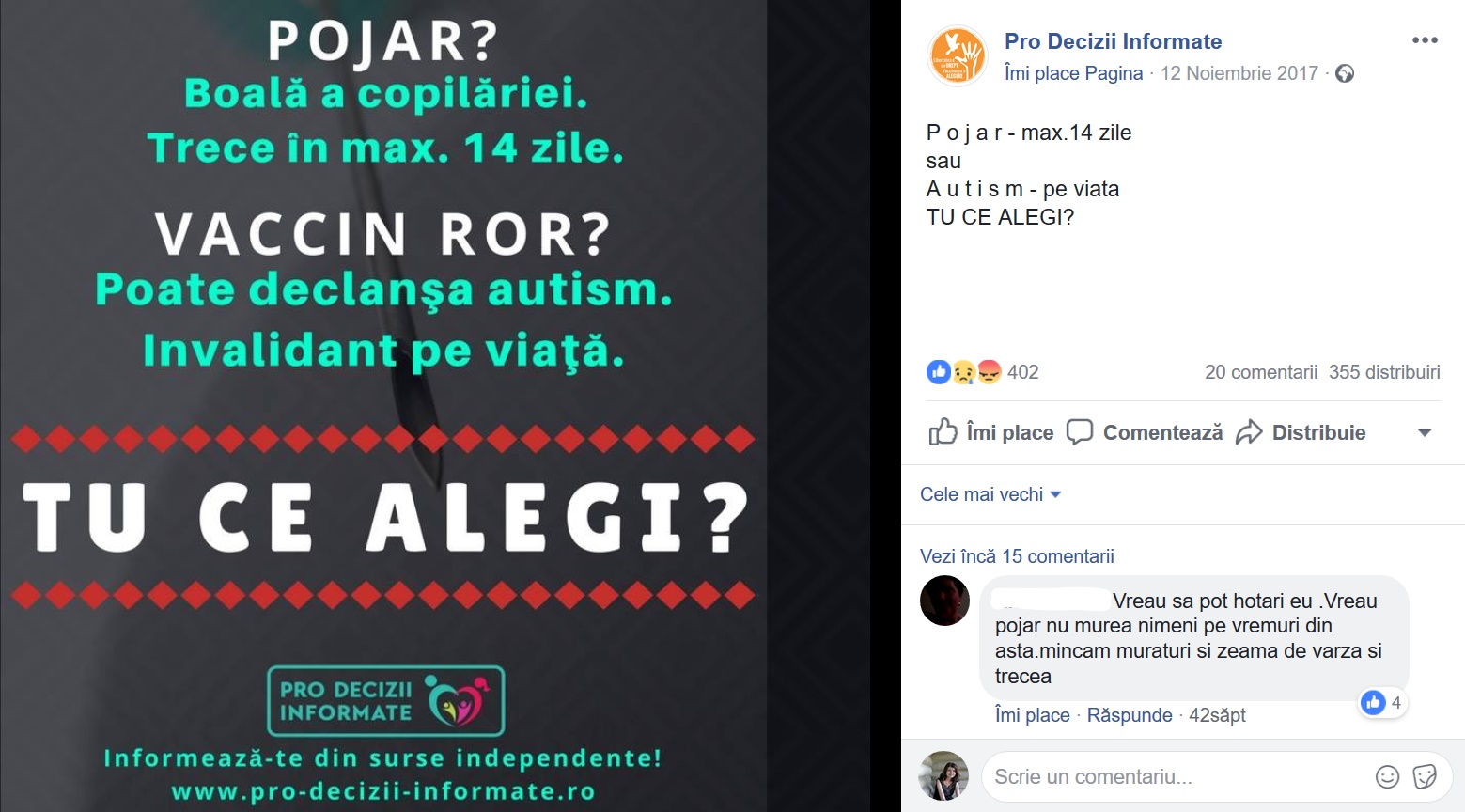 Imaginea transmite părinților că vaccinul este nociv pentru sănătatea copiilor în comparație cu pojarul care este doar o boală a copilăriei și care poate fi tratată ușor.