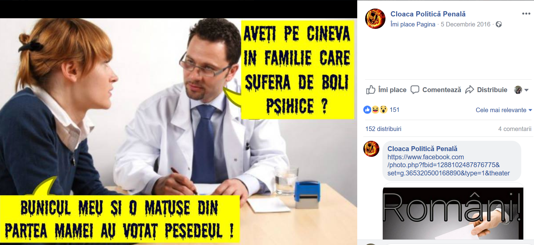 Imaginea prezintă o discuție dintre un doctor și o pacientă. La întrebarea doctorului dacă există persoane cu “boli psihice” în familie, pacienta răspunde că o parte din rudele sale au votat cu PSD în trecut.
