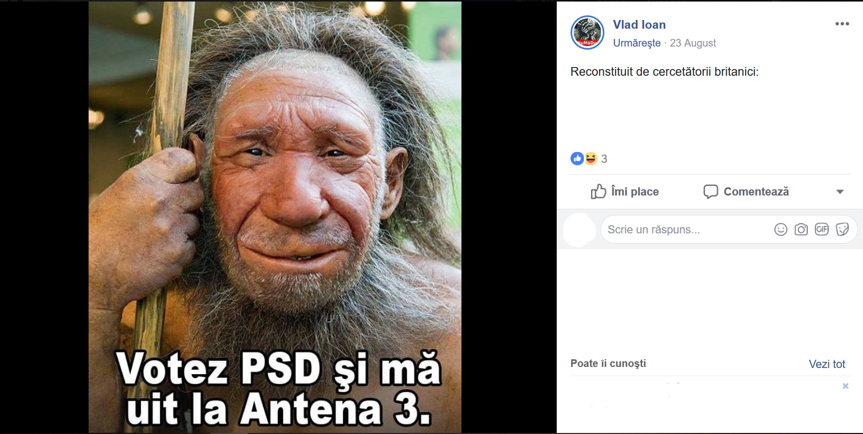 Se sugereaza in poza ca cei care voteaza PSD si se uita la Antena 3 sunt neanderthali