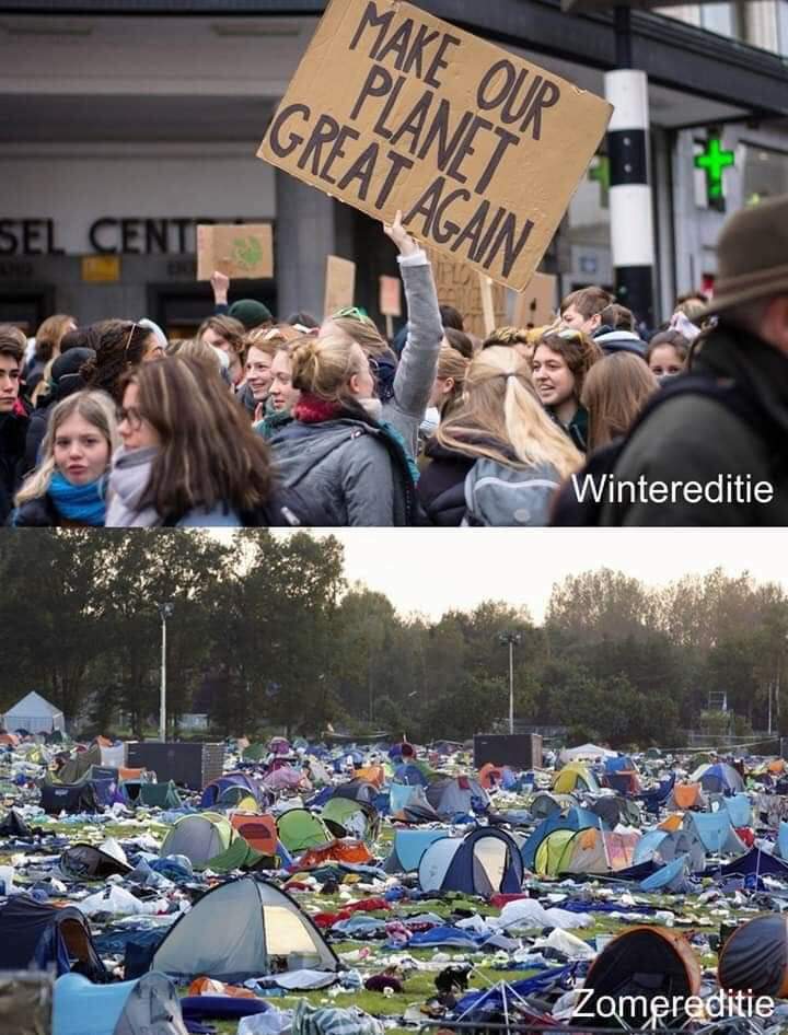 combinatie van 2 prenten: klimaatactivisten en een achtergelaten tentenweide
