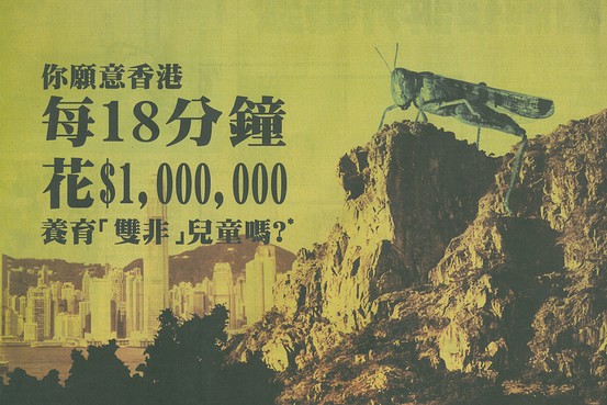 The text asks, 'Are you willing for Hong Kong to spend one million Hong Kong dollars every 18 minutes to raise the children born to mainland parents?' The locusts symbolise the mainlanders which looking at the Hong Kong skyline.