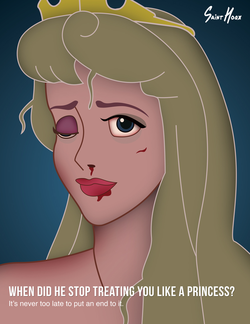 Księżniczka Aurora z podbitym okiem i rozciętą wargą.