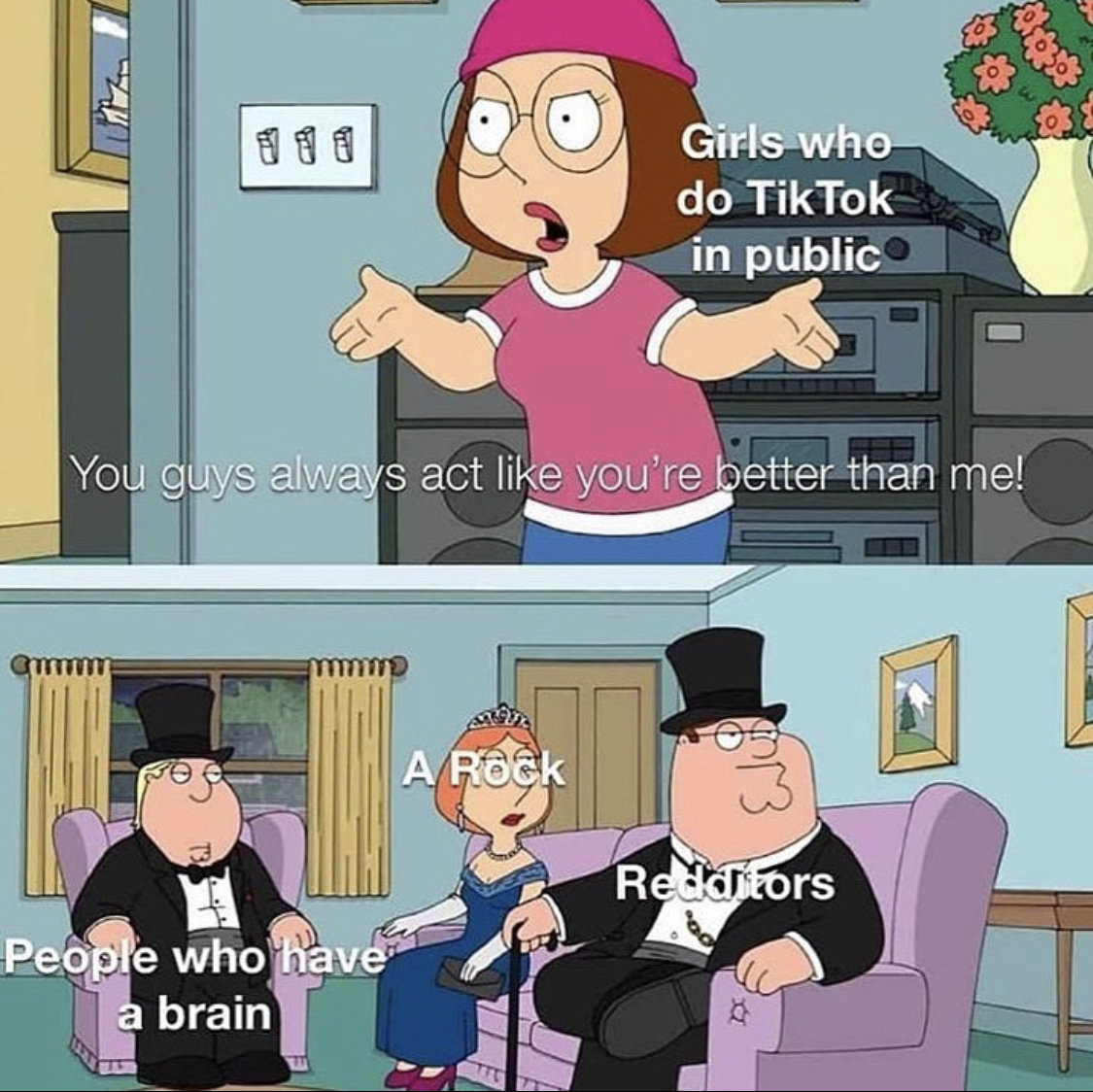 Character who looks mad saying "You guys always act like you're better than me!" to three other characters in fancy clothing who seem unconcerned.