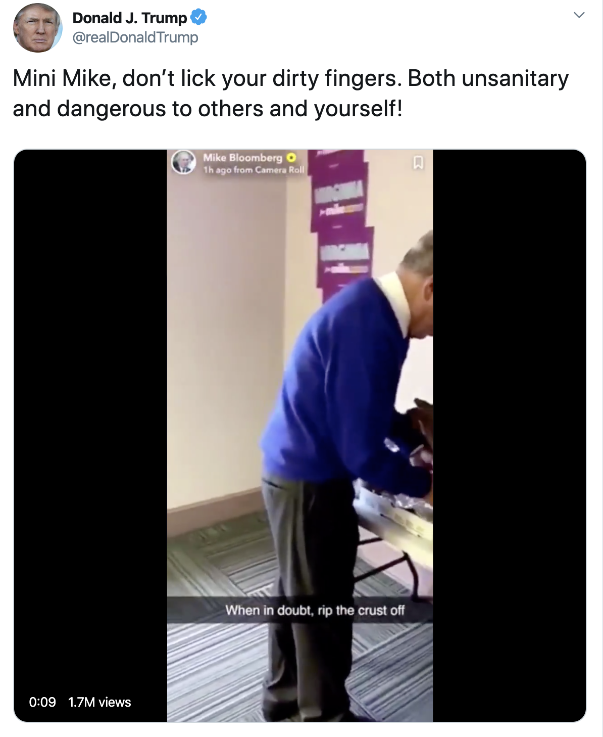 Donald Trump calls out Mini Mike Bloomberg for licking his finders