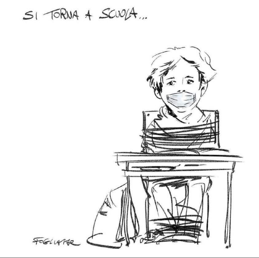 A student sitting at a desk wearing a mask. He’s is seen tied up by rope unable to move from his desk.