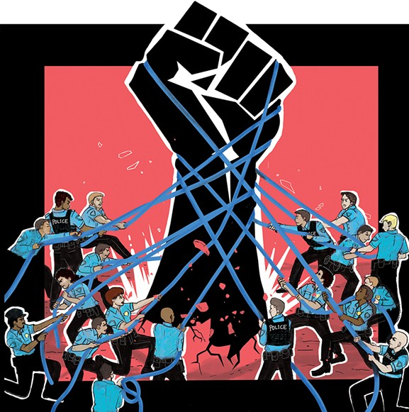 Police force tearing down the BLM symbol.