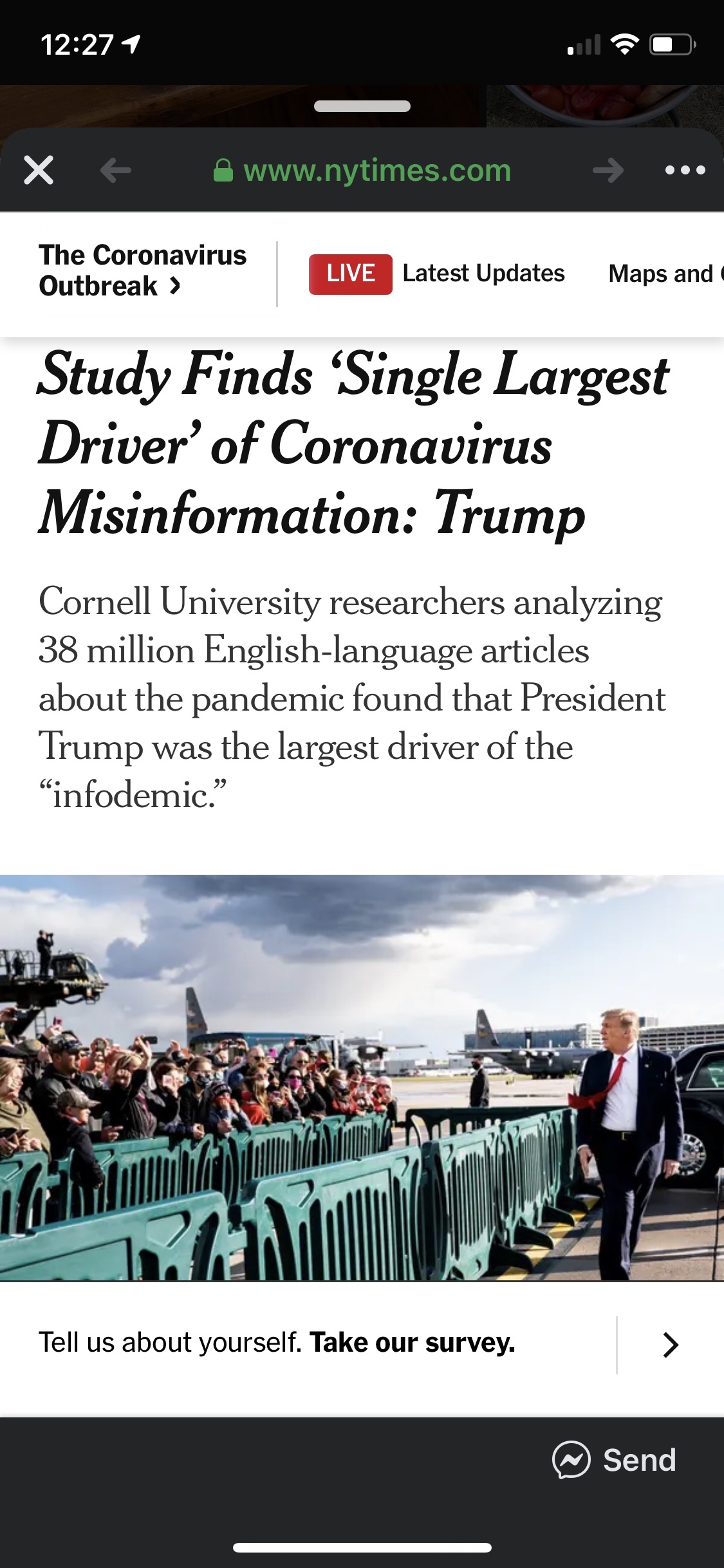 NYT article titled "Study Finds 'Single Largest Driver' of Coronavirus Misinformation: Trump". Text cites Cornell University study finding Trump involved in 38% of coronavirus related misinformation.