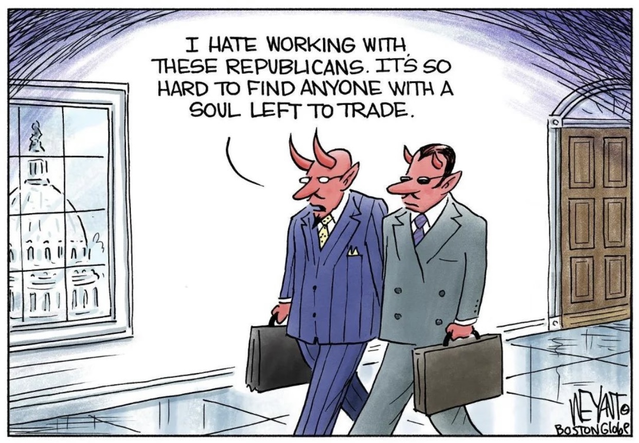 Shows two men that appear as the devil talking about how Republicans have all sold their soul.