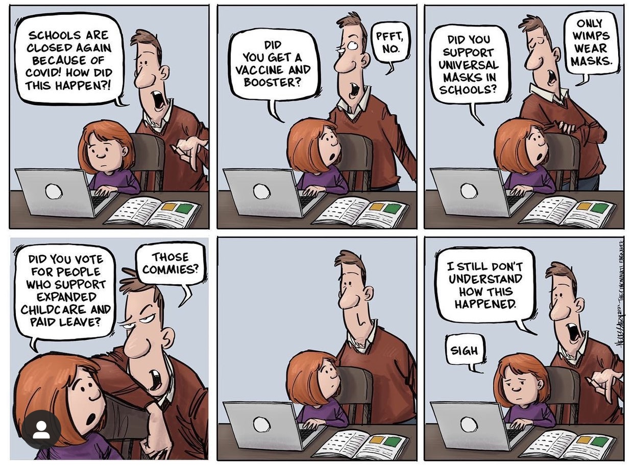 Father and his daughter talking about COVID-19 increasing again and the daughter asks questions to see if her dad did anything to stop the spread and finds out that he has done nothing.