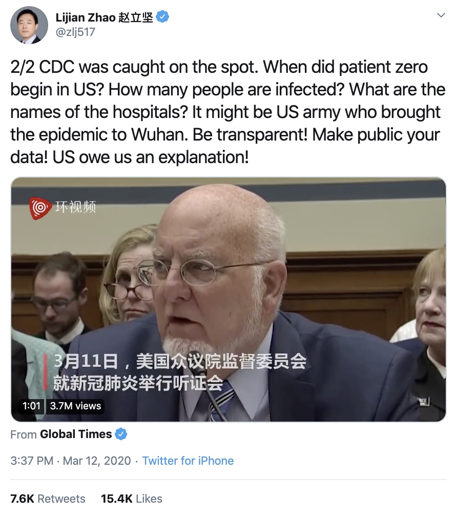 Tweet by Lijian Zao on the potential origins of COVID-19 