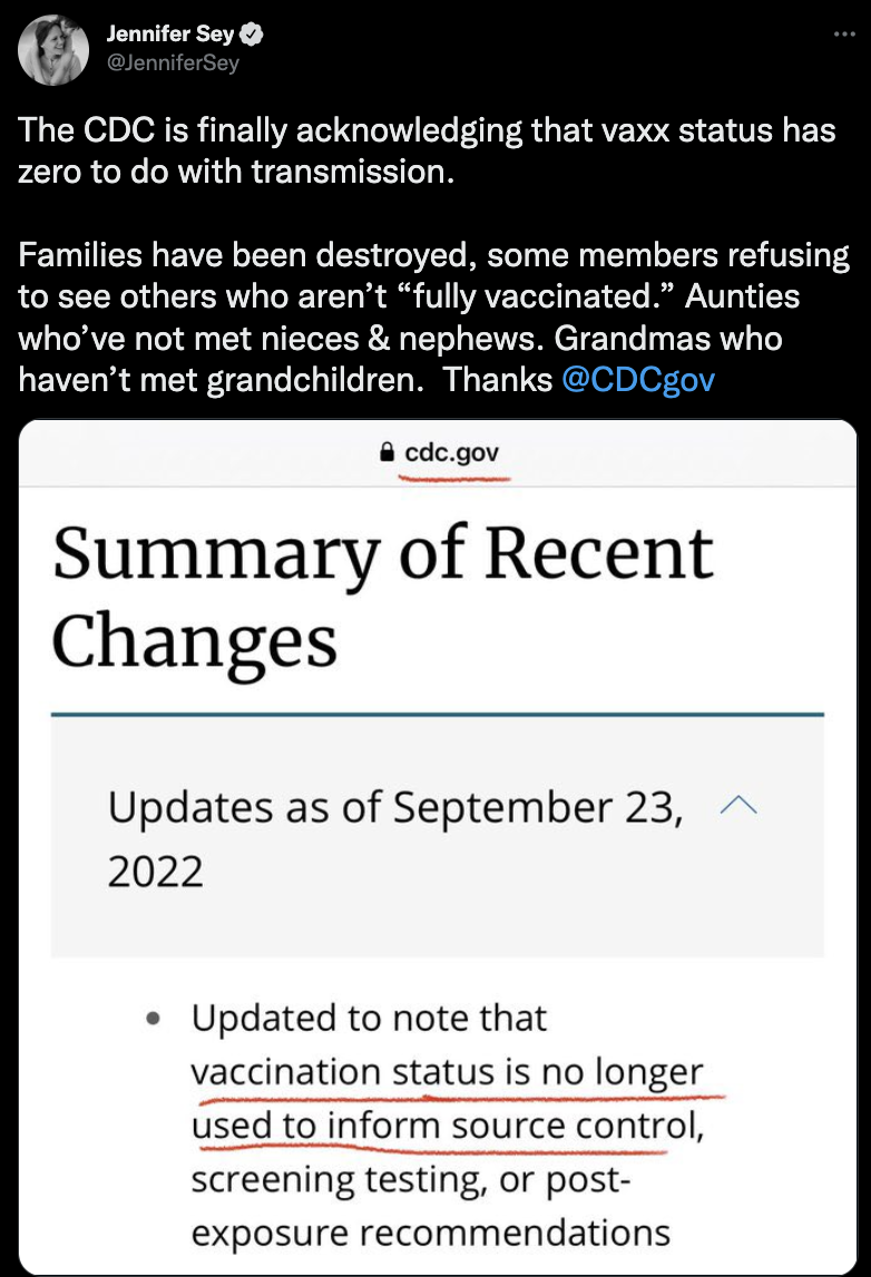 Tweet saying the CDC says vaxx status has nothing to do with transmission