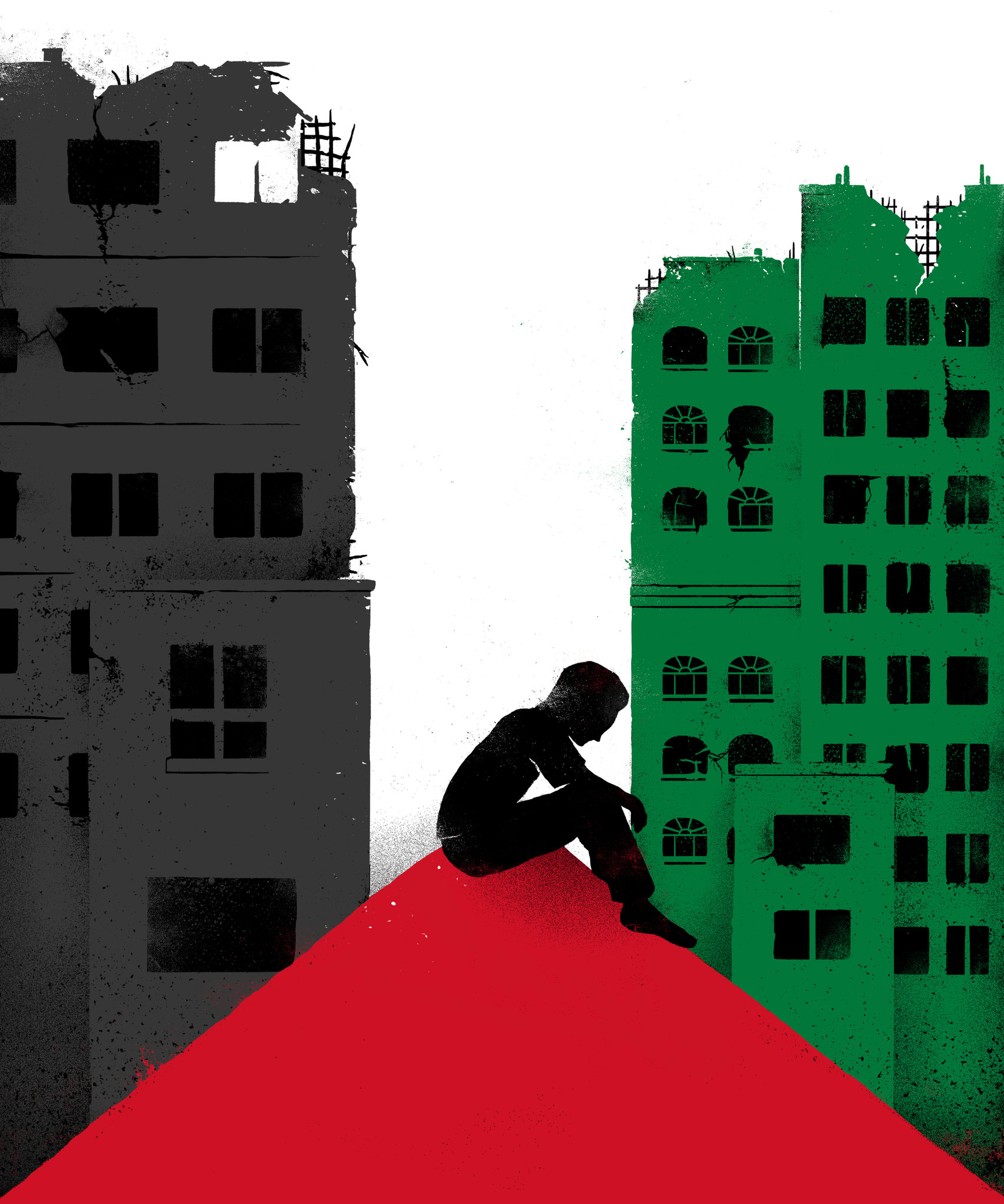 A poster showing the destruction still prominent in the city of Gaza even a year after the bombs from Israel