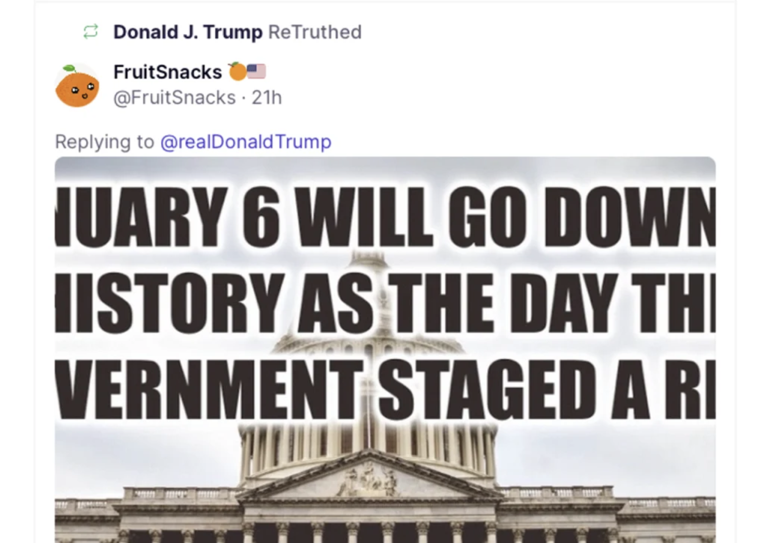 A photo of the capitol with protestors, flags, and MAGA hats. Part of the meme reads The Day The Government Staged A Riot.