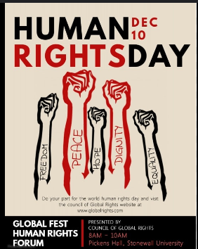 A poster showing a group of fists raised up for human rights