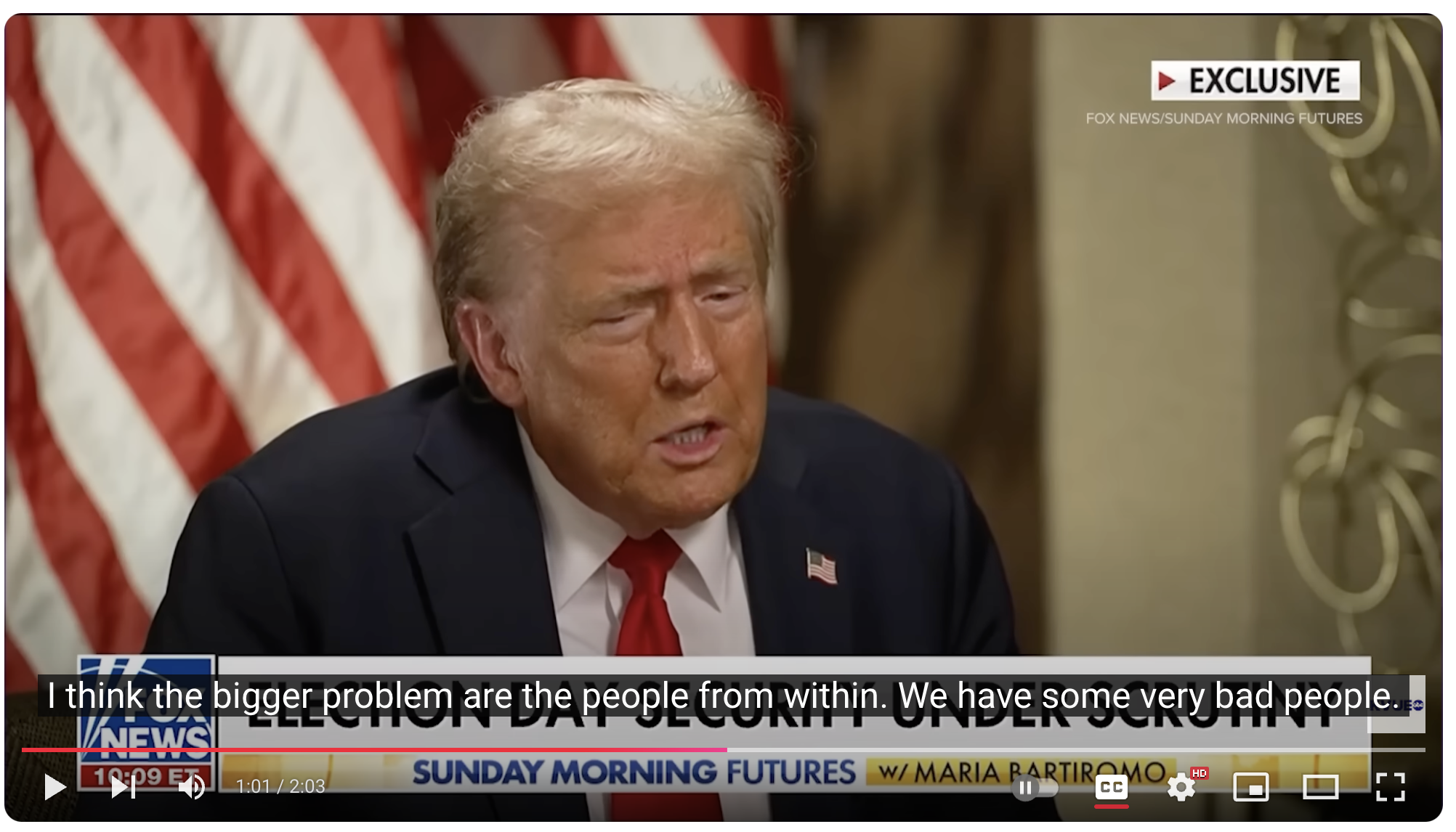 A screen shot of an interview with Donald Trump from Fox news