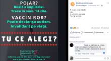 Imaginea transmite părinților că vaccinul este nociv pentru sănătatea copiilor în comparație cu pojarul care este doar o boală a copilăriei și care poate fi tratată ușor.