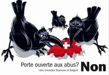 L’affiche reprend les codes classiques de l'animalisation de “l’ennemi” en représentant les bulgares et les roumains par des corbeaux, symboles des ténèbres, et menaçant de déposséder les suisses de leur propre patrimoine. On note la disproportion des tailles entre les corbeaux et le territoire suisse, façon de dénoncer le risque d’une libre circulation des populations et de forcer le trait du “danger” encouru par les suisses en cas de vote favorable au référendum. 