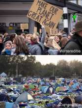 combinatie van 2 prenten: klimaatactivisten en een achtergelaten tentenweide