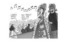 A cartoon where there are Chinese Opera performers are singing in high pitch, and the audience comments that the rent in Hong Kong is comparable.