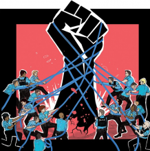 Police force tearing down the BLM symbol.