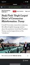NYT article titled "Study Finds 'Single Largest Driver' of Coronavirus Misinformation: Trump". Text cites Cornell University study finding Trump involved in 38% of coronavirus related misinformation.