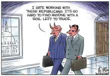 Shows two men that appear as the devil talking about how Republicans have all sold their soul.