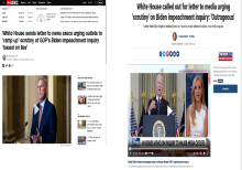This is a screenshot of the CNN and Fox News articles pertaining to the memo sent from the White House regarding the impeachment inquiry of President Biden
