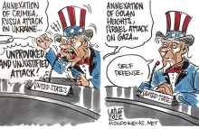 Uncle Sam is at a press conference being asked about two separate situations, where the same things occurred.